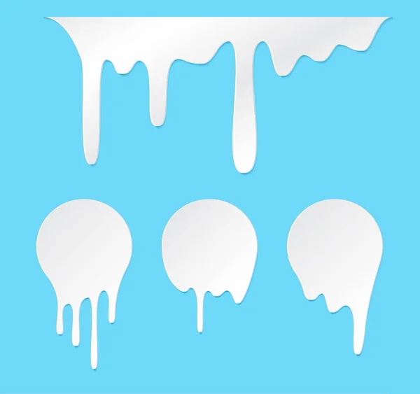 Tropfaufkleber schmelzen oder Etiketten für Milchprodukte umrunden. Vector liquid drops Symbole für Graffiti Blob Sticker. Weiße flüssige oder geschmolzene Schokoladentropfen, Milch, aktuelle Farbe. — Stockvektor