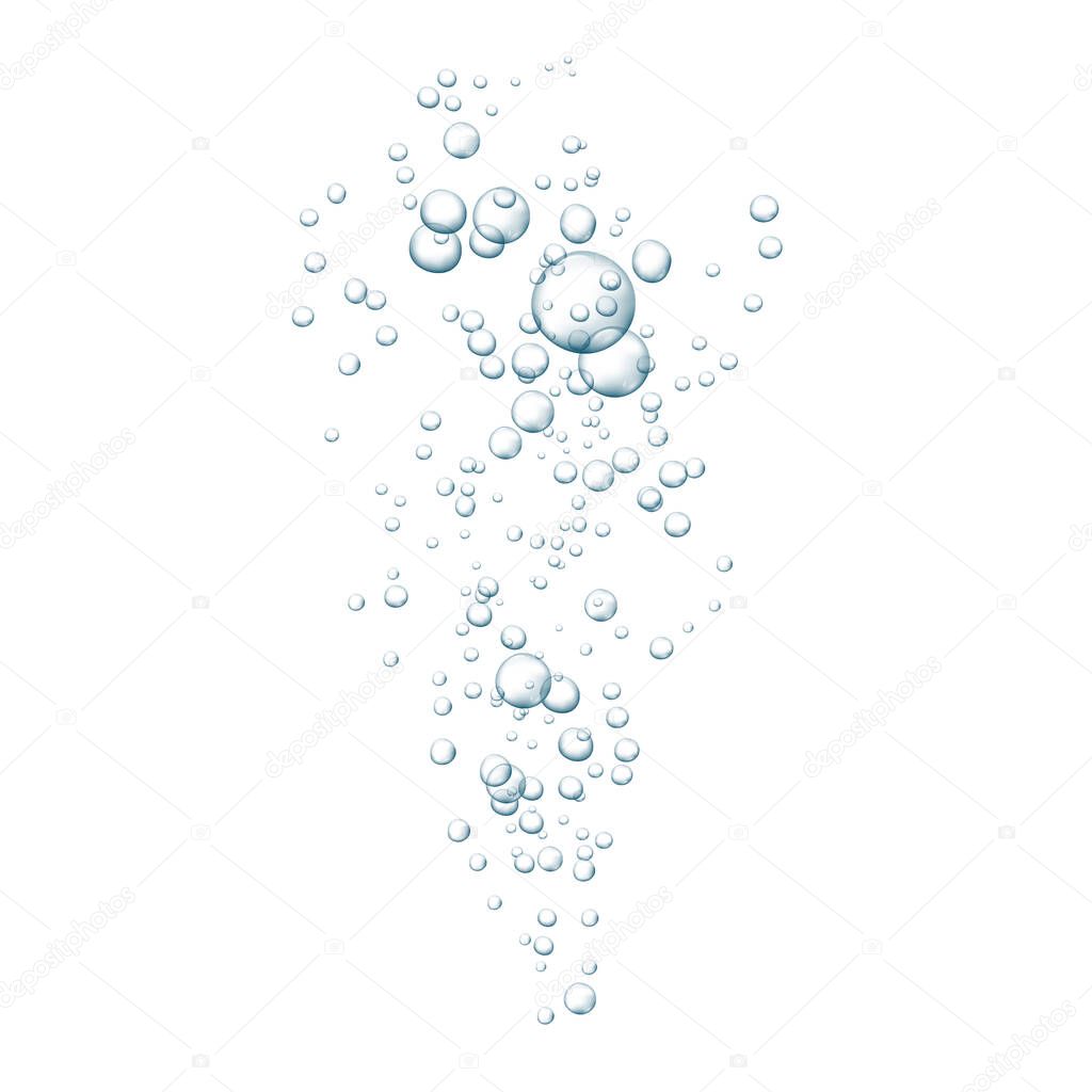 Blue fizzy bubbles. Sparkles underwater stream in water, sea, aquarium. Fizzy pop and effervescent drink. Abstract fresh soda bubbles. Vector illustration.