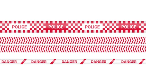 Police tape, crime danger line. Caution police lines isolated. Warning barricade tapes. Set of red warning ribbons. Vector illustration. — Stock Vector