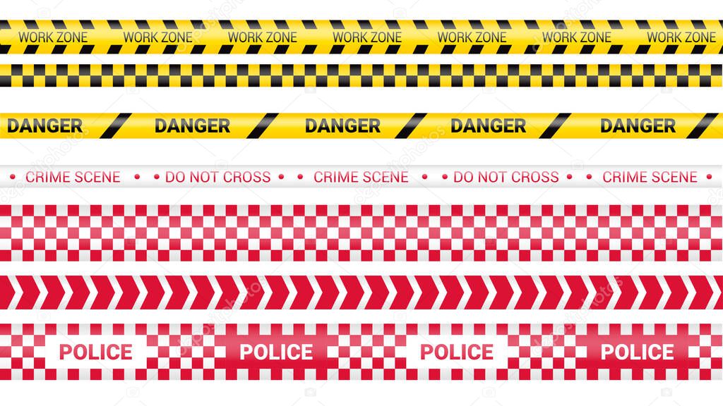 Police tape, crime danger line. Caution police lines isolated. Warning barricade tapes. Set of warning ribbons. Vector illustration on white background