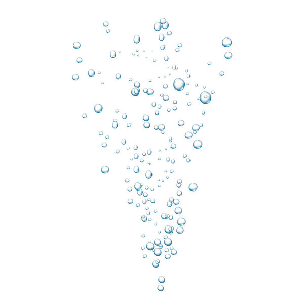Blue fizzy bubbles. Sparkles underwater stream in water, sea, aquarium. Fizzy pop and effervescent drink. Abstract fresh soda bubbles. Vector illustration