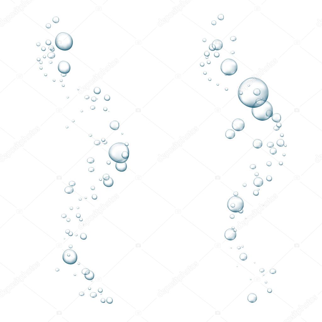 Blue fizzy bubbles. Sparkles underwater stream in water, sea, aquarium. Fizzy pop and effervescent drink. Abstract fresh soda bubbles. Vector illustration