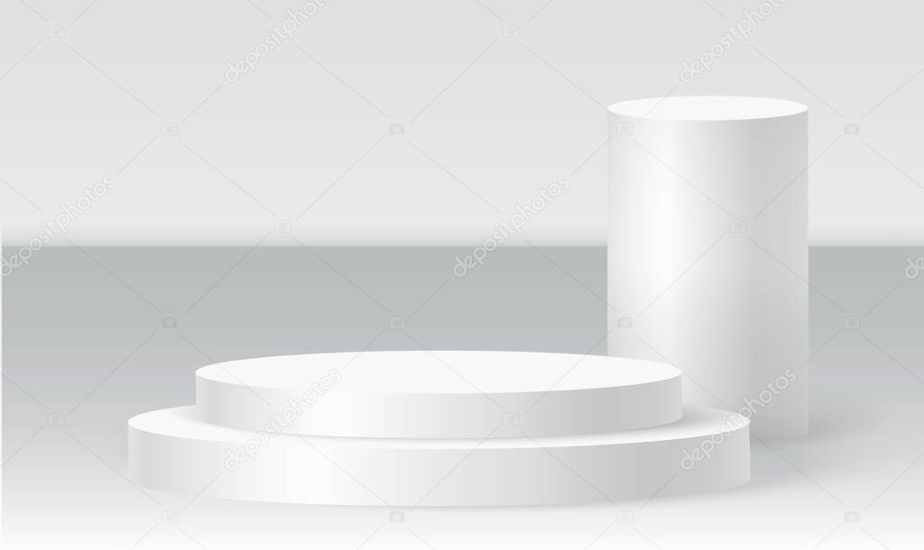 Cylinder podium scene, winner pedestal. White cylinder template for showroom podium scene. Vector white pedestal for product presentation