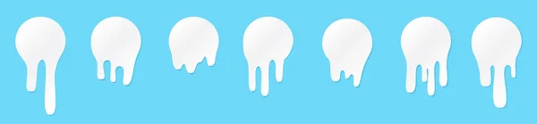 Sciogliere gli adesivi goccia a goccia o etichette circolari latte. Liquido vettoriale gocce icone per graffiti blob adesivi. Liquido bianco o gocce di cioccolato fuso, latte, vernice corrente. — Vettoriale Stock