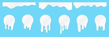 Erimiş damlalar ya da yuvarlak süt etiketleri. Graffiti damlası çıkartmaları için vektör sıvısı ikonları bırakıyor. Beyaz sıvı ya da erimiş çikolata damlaları, süt, güncel boya.