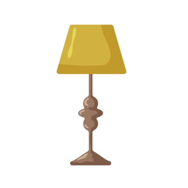 Modern bir lamba parlak bir kahverengi taban ve canlı bir sarı abajur içerir, çağdaş bir odanın basitliğini artırır. Tasarım zarafet ve işlevselliği vurgular.