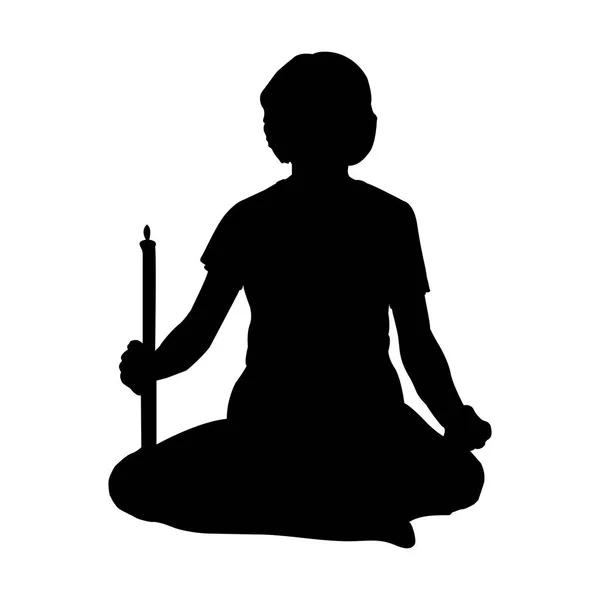 Beyaz arka plan vektör illüstrasyon izole mum siluet ile Lotus pozisyonda oturan kadın