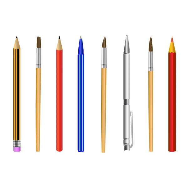 Ołówek Pióro Pędzla Zestaw Białym Tle Białe Tło Wektor Ilustracja — Wektor stockowy