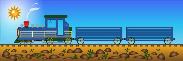 Locomotiva azul equitação no deserto com cactos vetor ilustração — Vetor de Stock