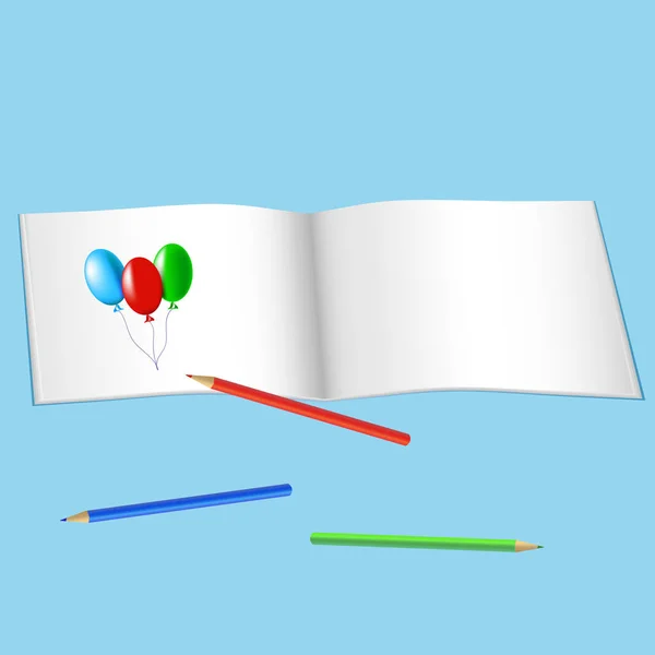 Sketchbook Çizim Renk Kalemler Vektör Illüstrasyon Mavi Arka Planı Için — Stok Vektör