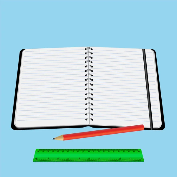 Notepad Vermelho Lápis Régua Vetor Ilustração Isolado Fundo Branco —  Vetores de Stock
