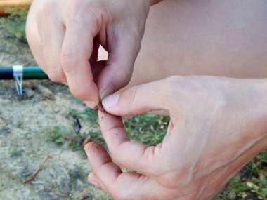 bir kanca, yatay fotoğraf parmak bir solucanın çengel.