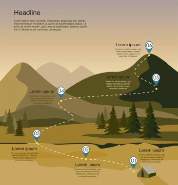 Köknar orman, dağ yatay katmanlar. Turizm rota Infographic. Vektör çizim.