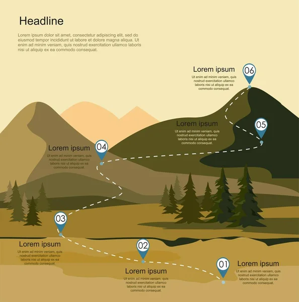 Paisagem Montanha Com Floresta Abeto Infográfico Rota Turismo Ilustração Vetorial — Vetor de Stock