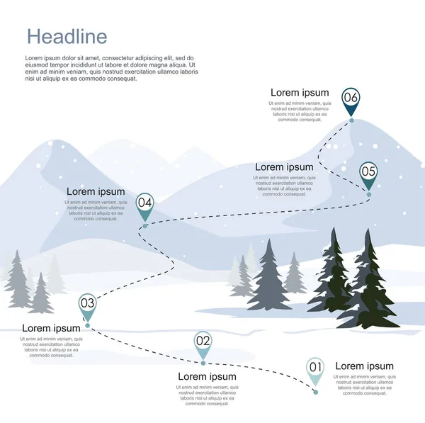 冬季滑雪胜地 图表路线 层数山风景与冷杉森林 矢量插图 — 图库矢量图片