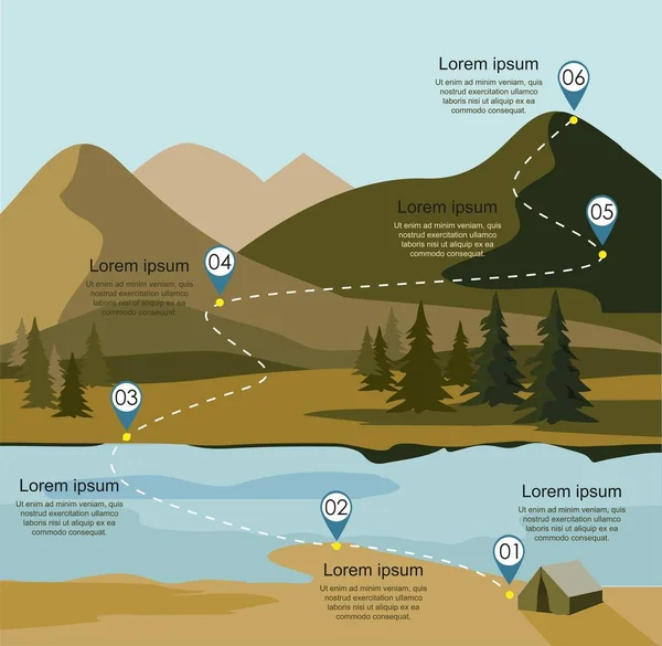 层山风景与冷杉森林和河 旅游路线图表 矢量插图 — 图库矢量图片