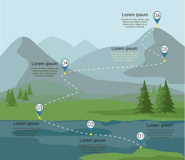 Turizm rota Infographic. Köknar orman ve nehir, dağ yatay katmanlar. Vektör çizim.