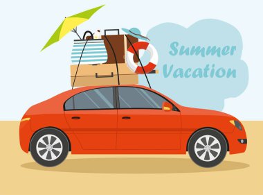  Kırmızı araba ve Bagaj sahilde tatil yaz saati