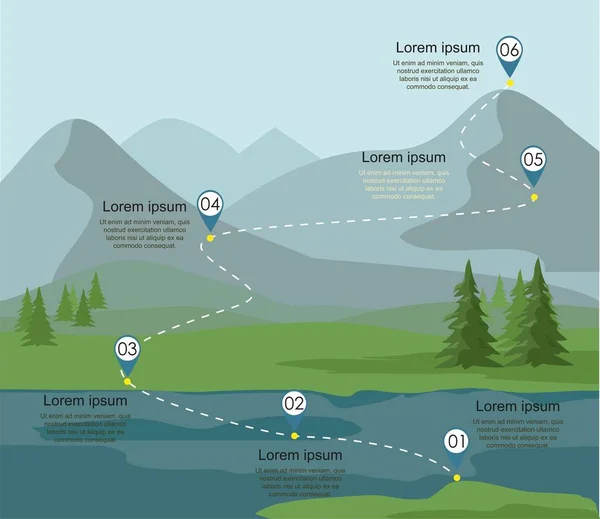 Turizm rota Infographic. Köknar orman ve nehir, dağ yatay katmanlar. Vektör çizim.