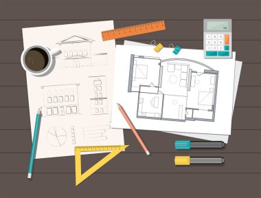 İşyeri - Teknik Proje mimar ev planı. İnşaat arka plan.