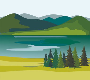 Çam ağaçları ve nehir, dağ yatay Katmanlar