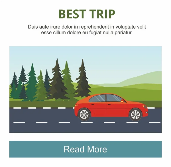 Conducir coche rojo en la carretera Capas de paisaje de montaña con abetos — Vector de stock