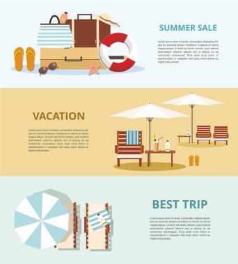 Yaz tatil ve Turizm. Üç Web afiş ayarlayın. Plaj aksesuarları 