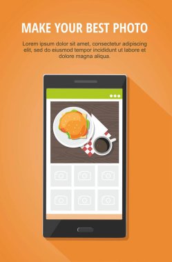 Mobil fotoğraf kavramı. Hamburger ve kahve ile smartphone göl kenarında turuncu zemin üzerine fotoğrafı.