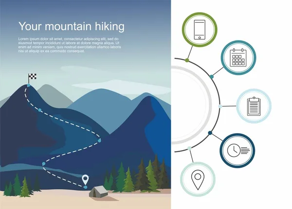 Infografía de rutas de senderismo con cinco pasos. Capas de paisaje montañoso con abetos — Archivo Imágenes Vectoriales