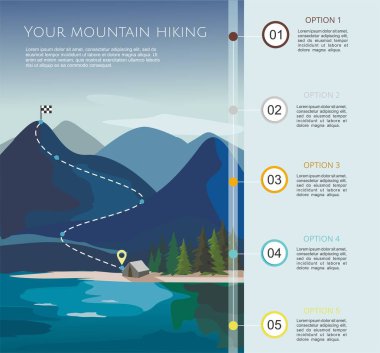 Rota Infographic şablon beş adım hiking. Dağ manzarası köknar ağaçları ile katmanları. 