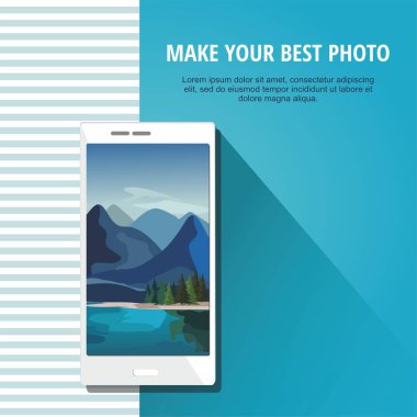  Doğa manzara ile smartphone göl kenarında mavi zemin üzerine fotoğraf.