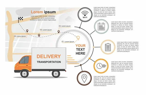 Infográfico de negócios de entrega de carga laranja com transporte —  Vetores de Stock