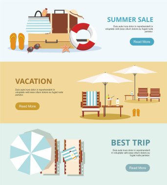 Yaz tatil ve Turizm. Üç Web afiş ayarlayın. Plaj aksesuarları vektör çizim.
