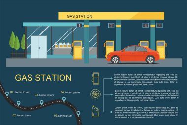 Kırmızı araba ile gaz dolum istasyonu. İş Infographic. 