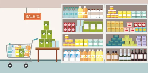 Interno del supermercato con prodotto di base sullo scaffale e carrello della spesa — Vettoriale Stock