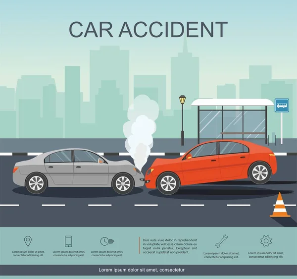 Acidente com dois carros na estrada. Infográfico de Transporte . —  Vetores de Stock