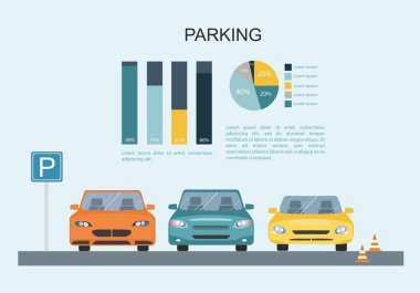 Park yerinde bir dizi farklı otomobil. Taşımacılık Infographic