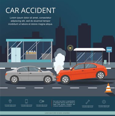 Gece şehir yolda iki araba bir kaza. Taşımacılık Infographic. 