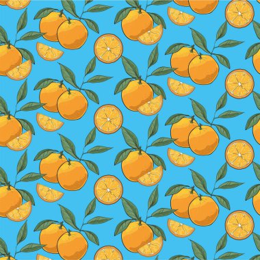 Elle çizilmiş portakal dilimleri desen üzerinde mavi arka plan izole yaprakları ile. 