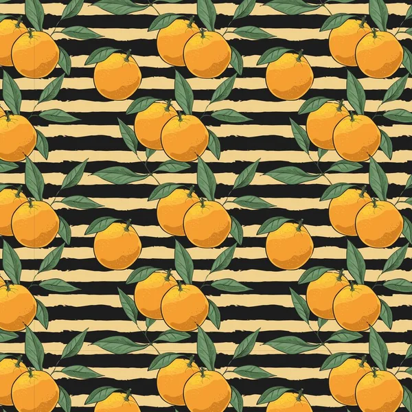 Muster handgezeichneter Orangen isoliert auf gestreiftem Hintergrund. — Stockvektor