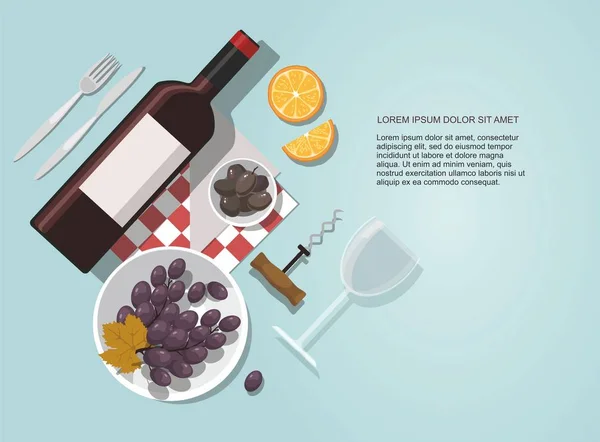 Copa de vino, botella de vino, aceitunas y uvas composición sobre fondo azul . — Vector de stock