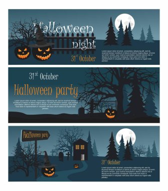 Vektör afiş Cadılar Bayramı partisi illüstrasyon ayarlayın. Kabak mezarlığı üzerinde