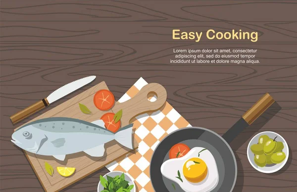 Vaření koncept. Smažená vejce, zelenina se špenátem, pánev a ryby. — Stockový vektor