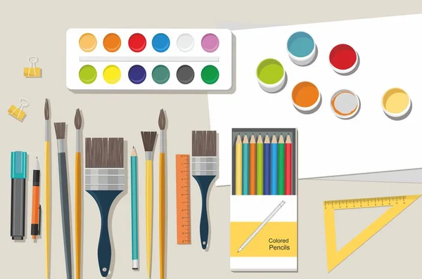 Χόμπι. Χρώματα, πινέλα, μολύβια. Επιστροφή στο σχολείο — Διανυσματικό Αρχείο