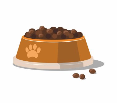 Beyaz arka plan üzerinde izole bir metal turuncu kase kuru evde beslenen hayvan yiyecek