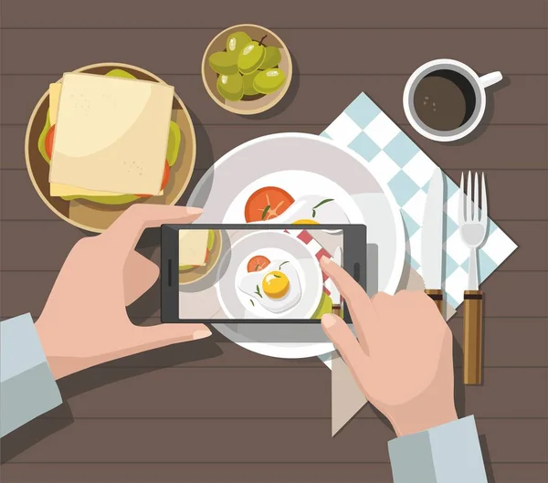 Mobile photography concept. Man taking photos of food on the smartphone — Stock Vector