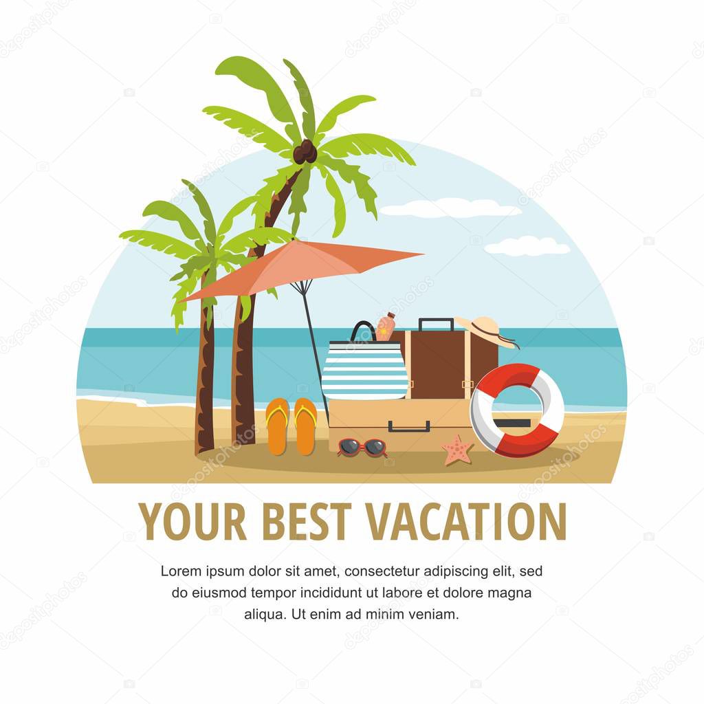 Summer suitcase, Beach Accessories and palm tree on beach. Vector illustration