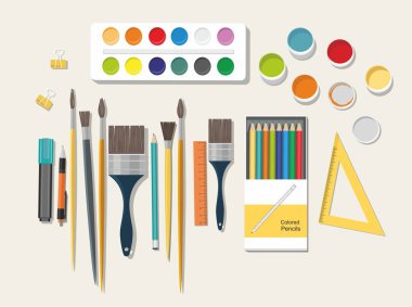  Paints, brushes, pencils. Back to school clipart