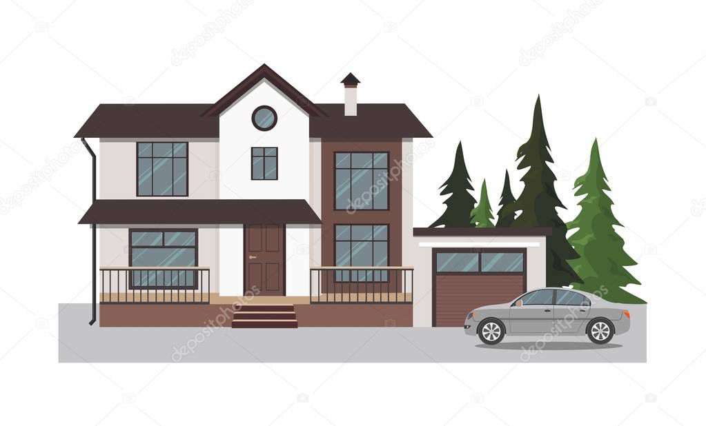 House facade. Modern cottage with gray car isolated on white background. 