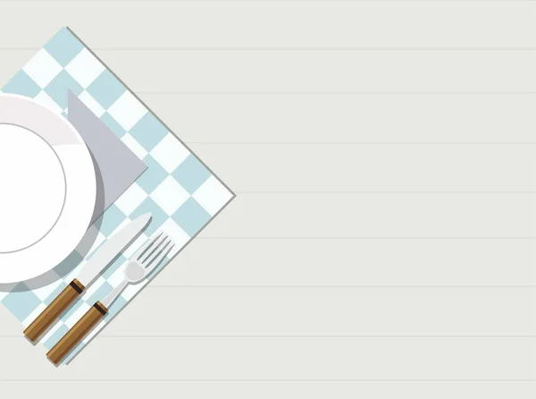 Placa, cuchillo y tenedor sobre mesa de madera. Vista desde arriba . — Vector de stock
